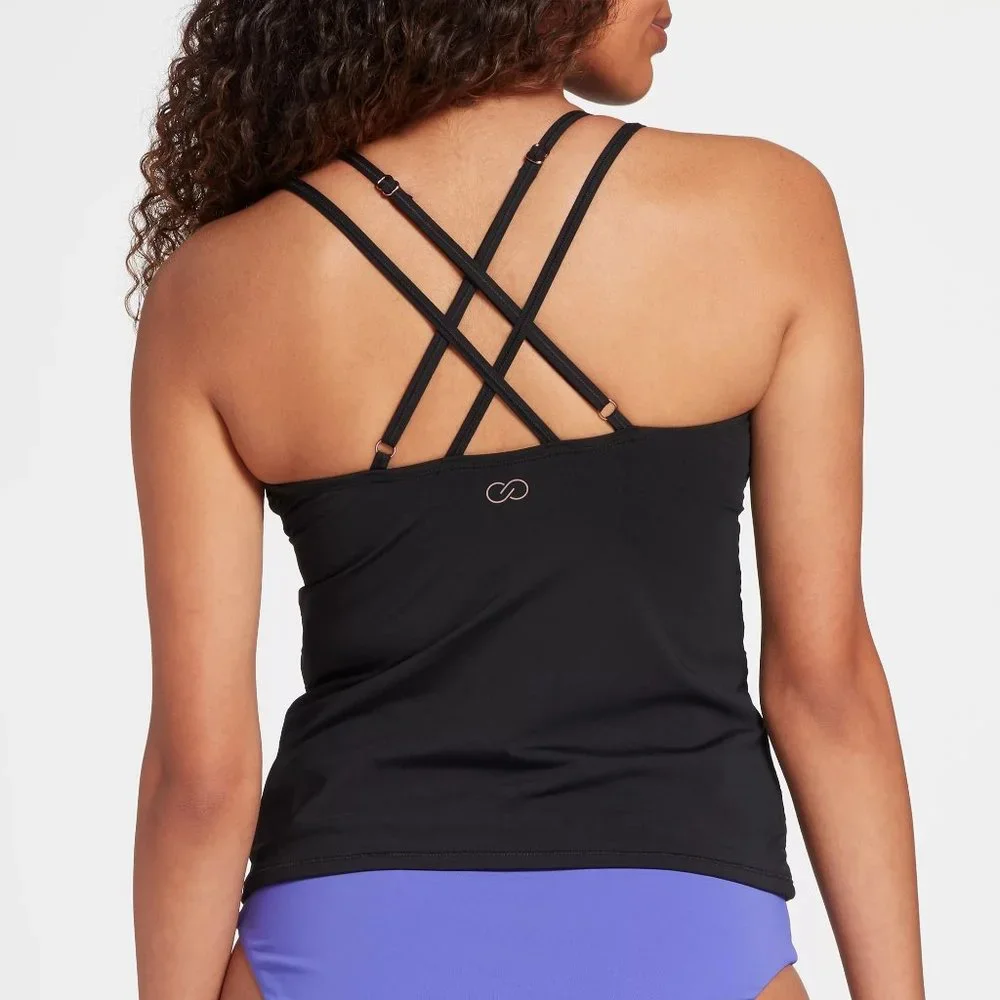 New CALIA Women's Strappy Ruched Tankini Top Size S Black - Picture 2 of 11